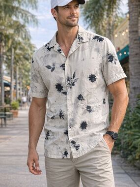 Zara Men Cream Short-Sleeve Floral Button-Down Shirt with Black Print